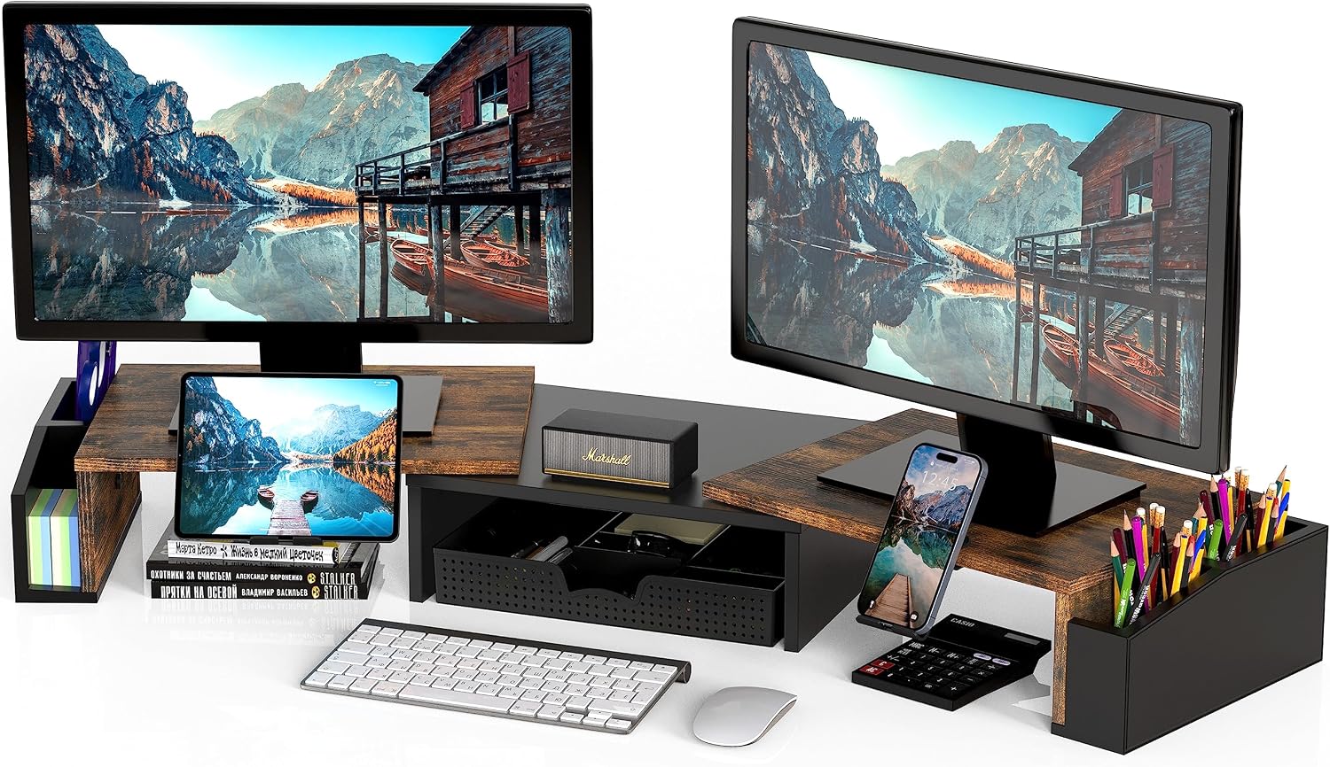 Monitor Riser Wood - Dual Monitor Stand Riser Adjustable Length